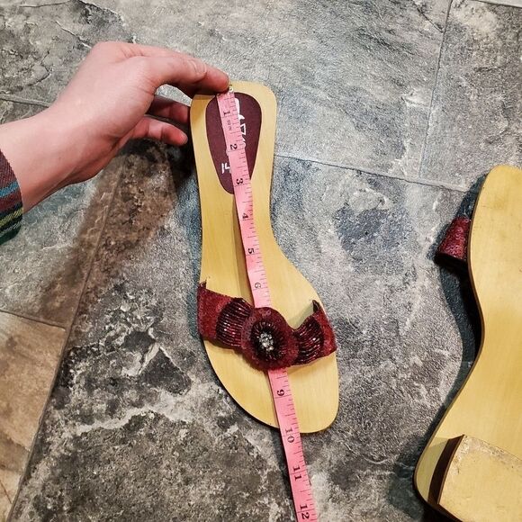 Vintage 90s y2k Wood Floral Beaded Satin Block Heel Slide Sandals 8 - Picture 7 of 8